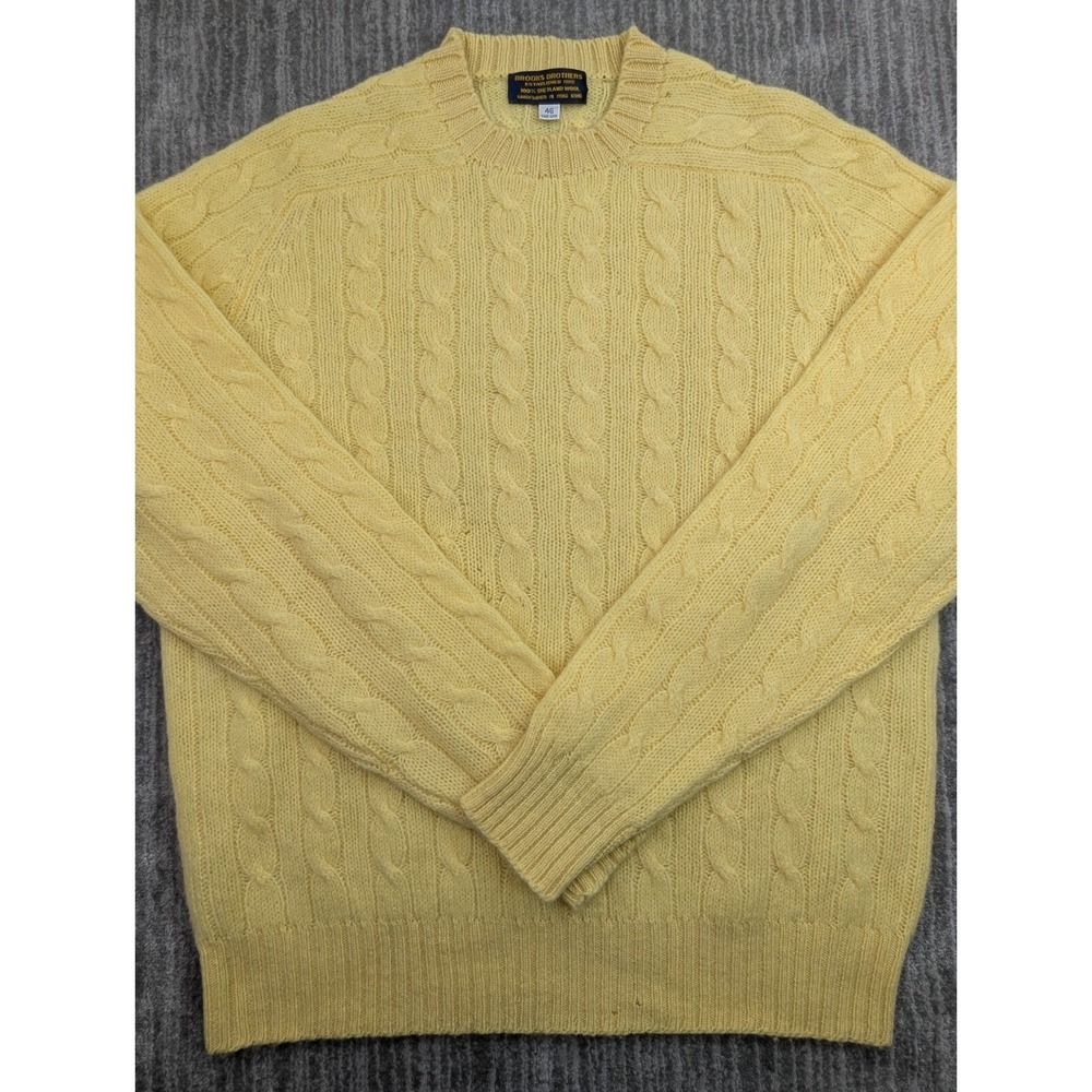 VTG Brooks Brothers Sweater Mens XL Yellow Shetland Wool Cable Knit Handframed